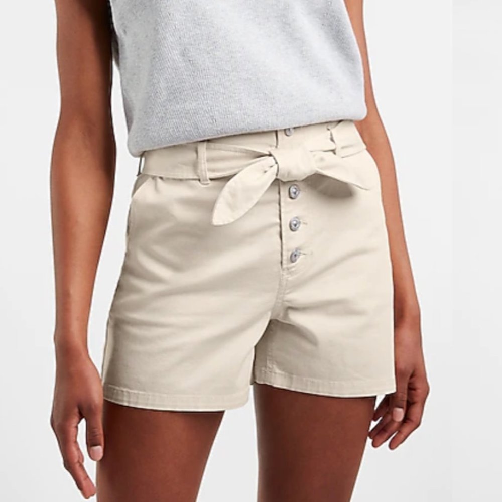 Express Super High Waisted Button Fly Twill Shorts, Sandshell